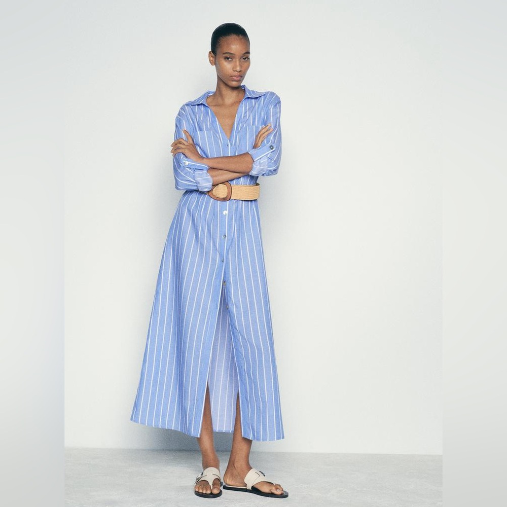 Zara Blue and White Striped Midi Shirt Dress - Picture 3 of 14